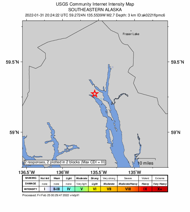 USGS DYFI community-reported intensity map for the M2.7 earthquake near 7 km WNW of Haines, Alaska