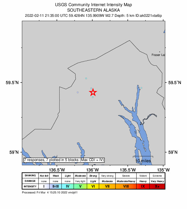USGS DYFI community-reported intensity map for the M2.7 earthquake near 2 km ENE of Covenant Life, Alaska