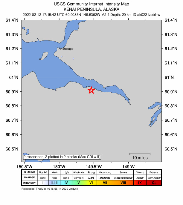 USGS DYFI community-reported intensity map for the M2.4 earthquake near 5 km E of Hope, Alaska