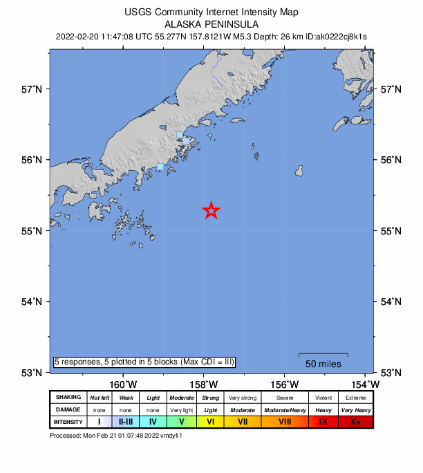 USGS DYFI community-reported intensity map for the M5.3 earthquake near 110 km SE of Perryville, Alaska