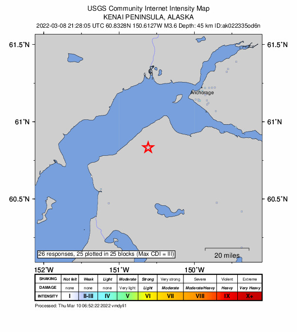 USGS DYFI community-reported intensity map for the M3.6 earthquake near 9 km SSE of Point Possession, Alaska