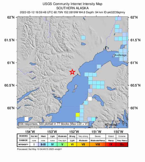 USGS DYFI community-reported intensity map for the M4.8 earthquake near 44 km WNW of Nikiski, Alaska