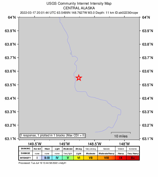 USGS DYFI community-reported intensity map for the M3.0 earthquake near 19 km NNE of Cantwell, Alaska