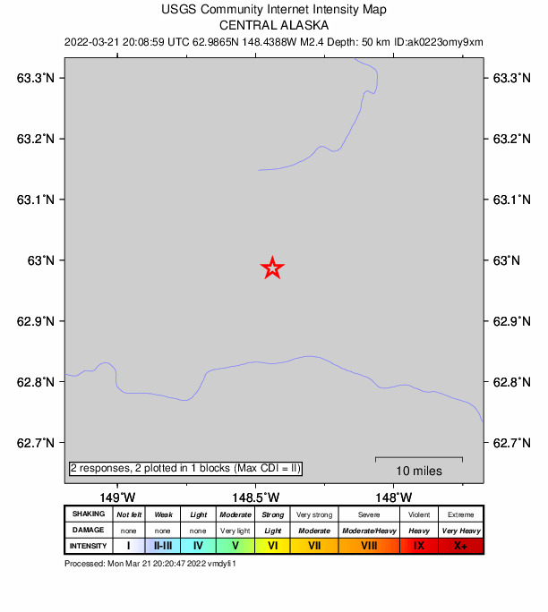 USGS DYFI community-reported intensity map for the M2.3 earthquake near 58 km SSE of Cantwell, Alaska