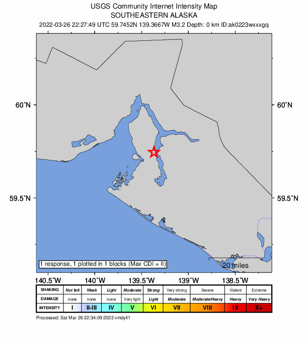 USGS DYFI community-reported intensity map for the M3.1 earthquake near 26 km NE of Yakutat, Alaska