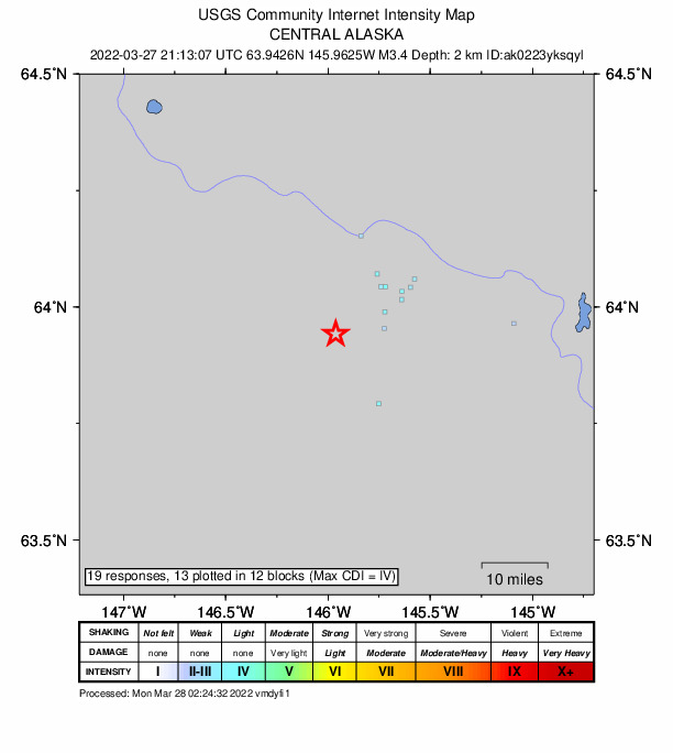 USGS DYFI community-reported intensity map for the M3.4 earthquake near 13 km SW of Fort Greely, Alaska