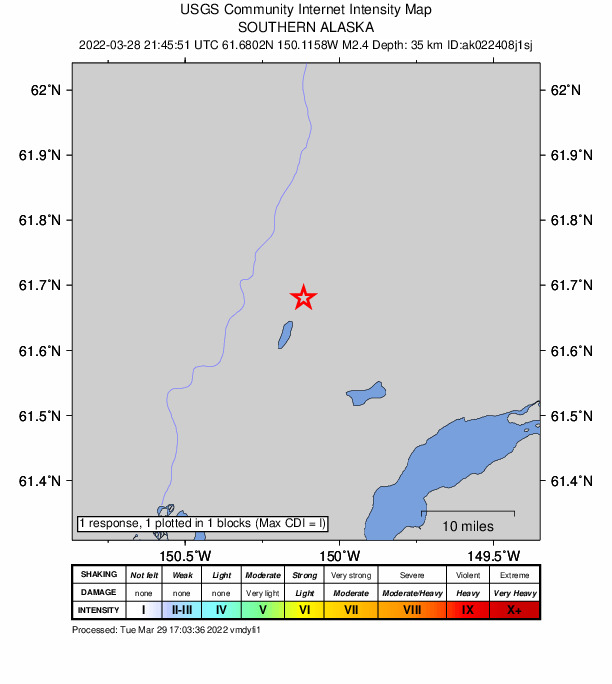 USGS DYFI community-reported intensity map for the M2.3 earthquake near 6 km SSW of Willow, Alaska