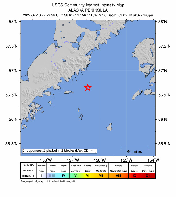 USGS DYFI community-reported intensity map for the M4.6 earthquake near 112 km SSE of Ugashik, Alaska