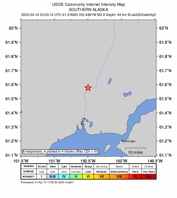 USGS DYFI community-reported intensity map for the M2.9 earthquake near 5 km NNE of Susitna, Alaska