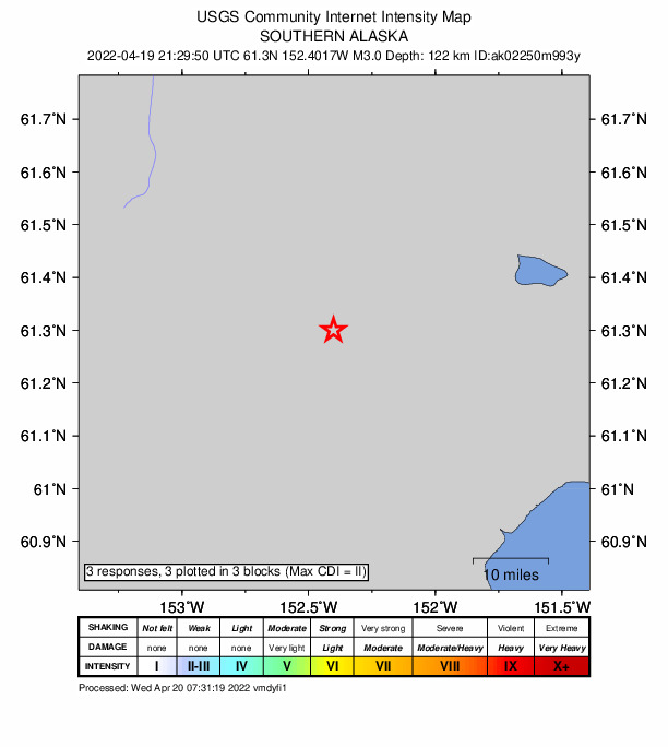 USGS DYFI community-reported intensity map for the M3.1 earthquake near 72 km WNW of Tyonek, Alaska