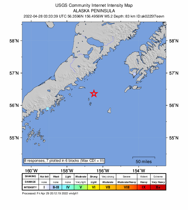 USGS DYFI community-reported intensity map for the M5.4 earthquake near 119 km E of Chignik, Alaska