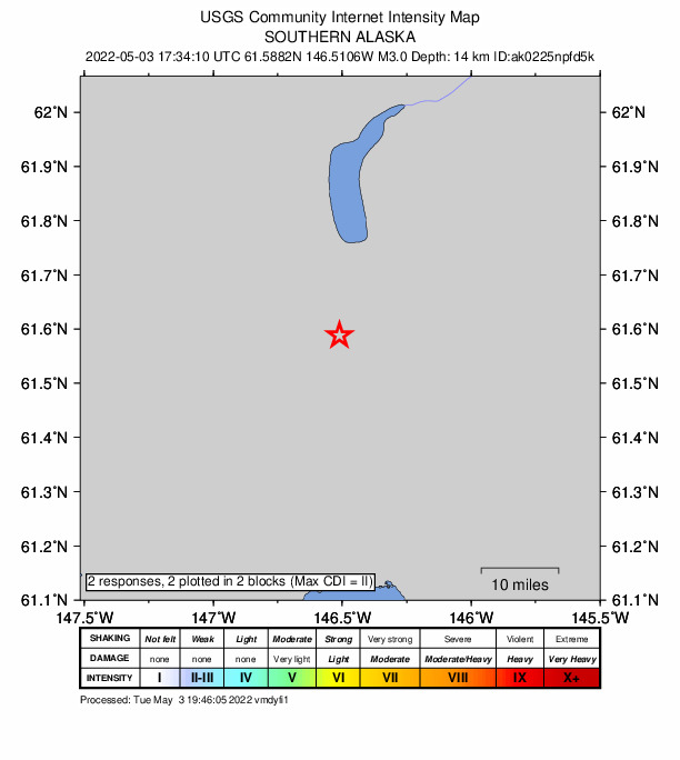 USGS DYFI community-reported intensity map for the M2.8 earthquake near 46 km SSE of Nelchina, Alaska