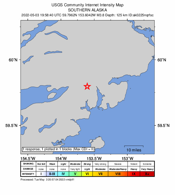 USGS DYFI community-reported intensity map for the M3.3 earthquake near 28 km E of Pedro Bay, Alaska