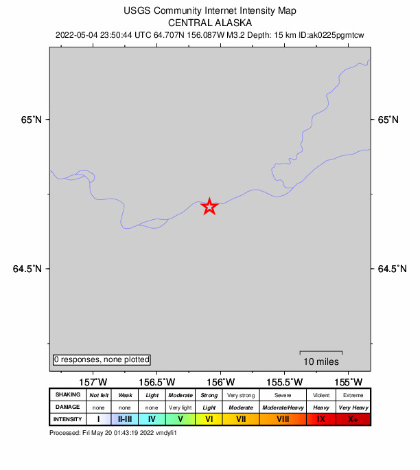 USGS DYFI community-reported intensity map for the M3.2 earthquake near 26 km W of Ruby, Alaska
