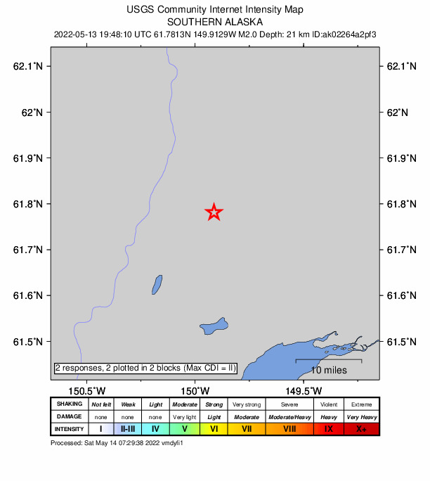 USGS DYFI community-reported intensity map for the M2.1 earthquake near 10 km E of Willow, Alaska