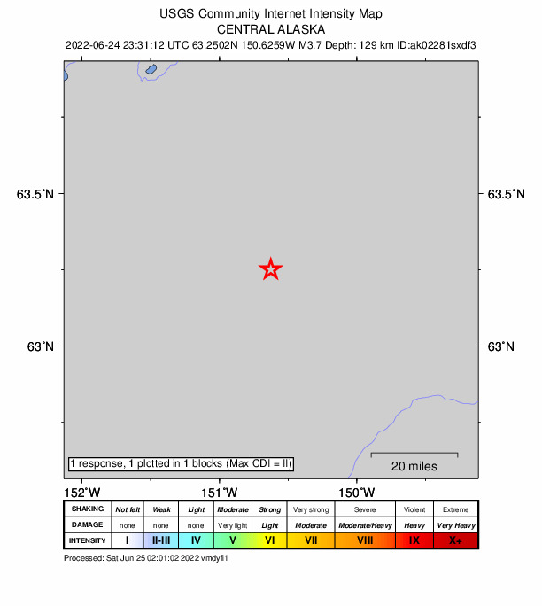 USGS DYFI community-reported intensity map for the M3.7 earthquake near 64 km ESE of Denali National Park, Alaska