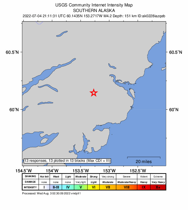 USGS DYFI community-reported intensity map for the M4.4 earthquake near 55 km E of Port Alsworth, Alaska