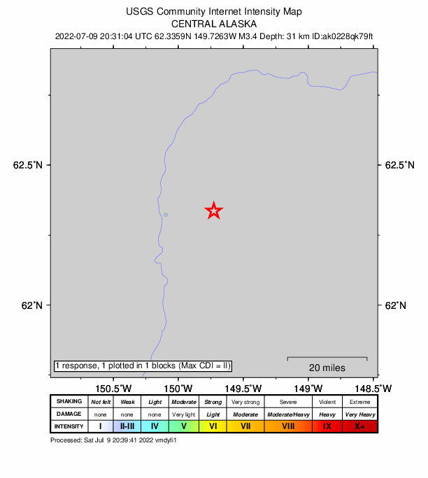 USGS DYFI community-reported intensity map for the M3.4 earthquake near 21 km NNE of Susitna North, Alaska