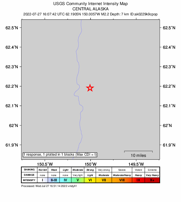 USGS DYFI community-reported intensity map for the M2.1 earthquake near 6 km NW of Susitna North, Alaska