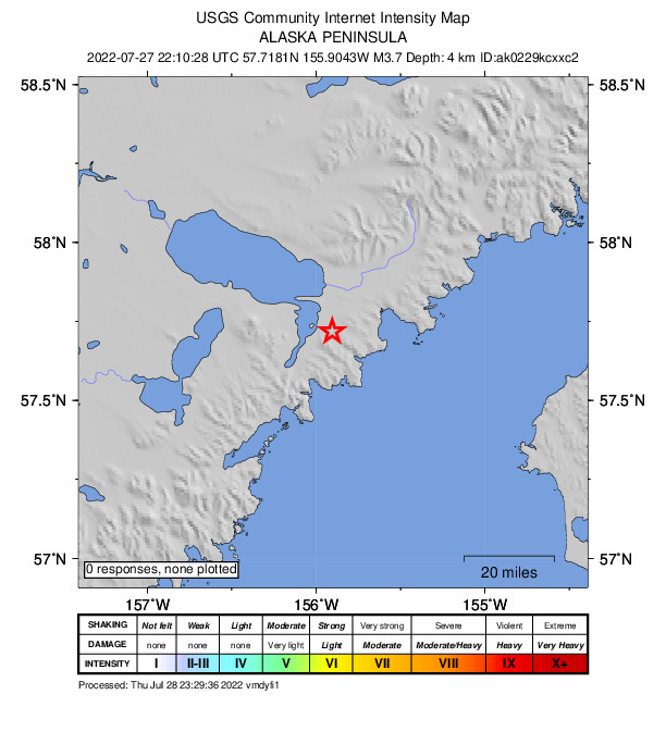 USGS DYFI community-reported intensity map for the M3.8 earthquake near 87 km W of Karluk, Alaska