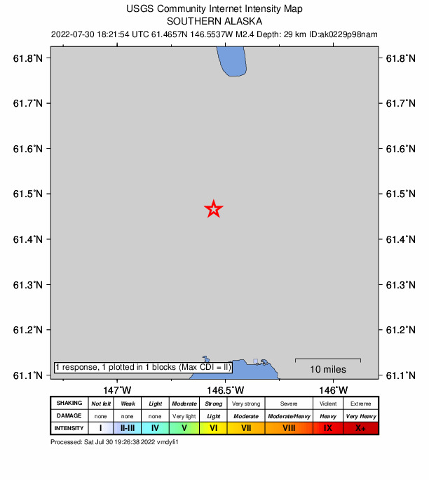 USGS DYFI community-reported intensity map for the M2.4 earthquake near 39 km NNW of Valdez, Alaska