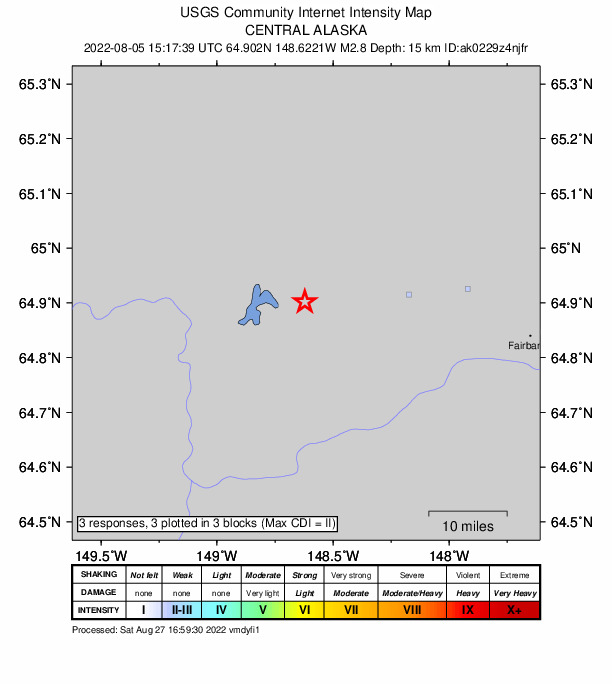 USGS DYFI community-reported intensity map for the M2.6 earthquake near 31 km W of Ester, Alaska