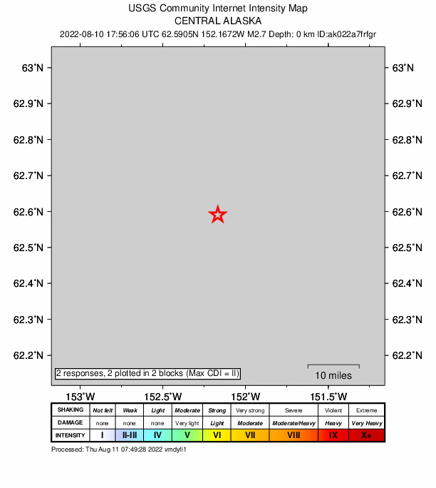 USGS DYFI community-reported intensity map for the M2.5 earthquake near 73 km W of Petersville, Alaska
