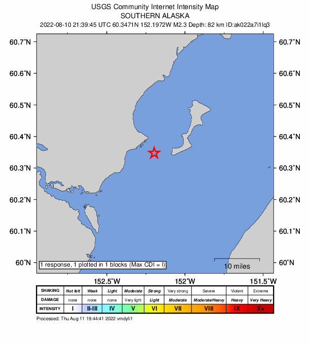 USGS DYFI community-reported intensity map for the M2.3 earthquake near 45 km NW of Ninilchik, Alaska