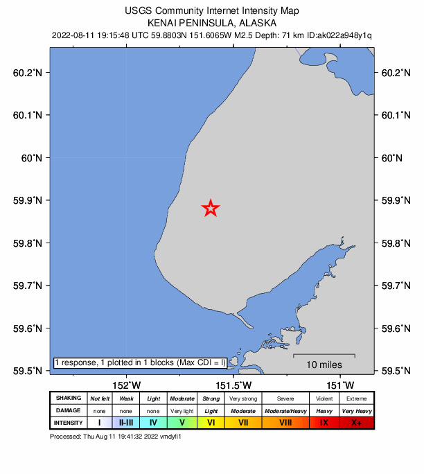 USGS DYFI community-reported intensity map for the M2.5 earthquake near 7 km N of Nikolaevsk, Alaska