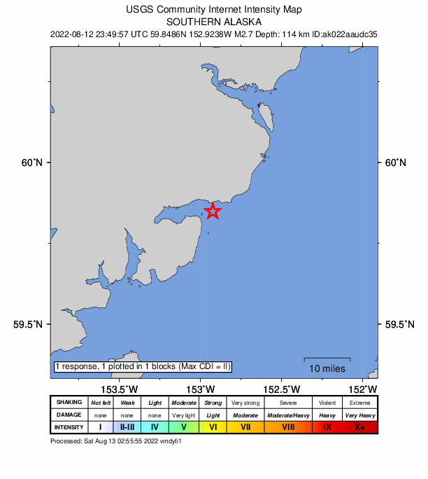 USGS DYFI community-reported intensity map for the M3.1 earthquake near 63 km W of Anchor Point, Alaska