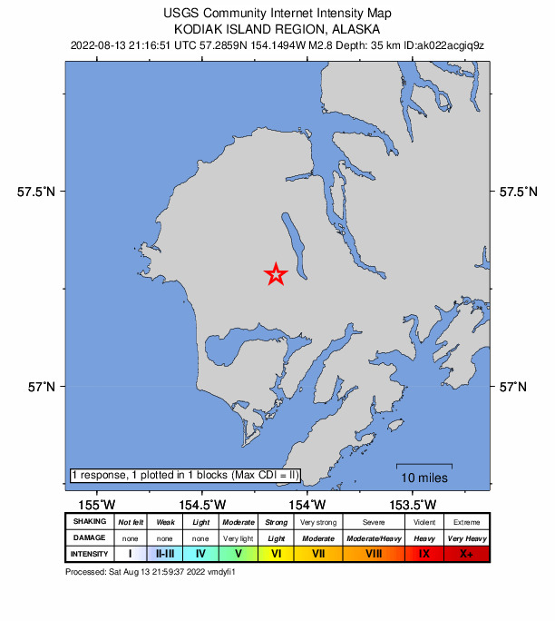 USGS DYFI community-reported intensity map for the M2.7 earthquake near 30 km SSW of Larsen Bay, Alaska