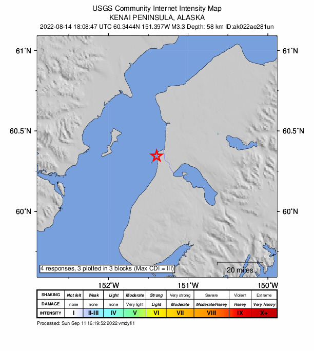 USGS DYFI community-reported intensity map for the M3.4 earthquake near 4 km SW of Cohoe, Alaska