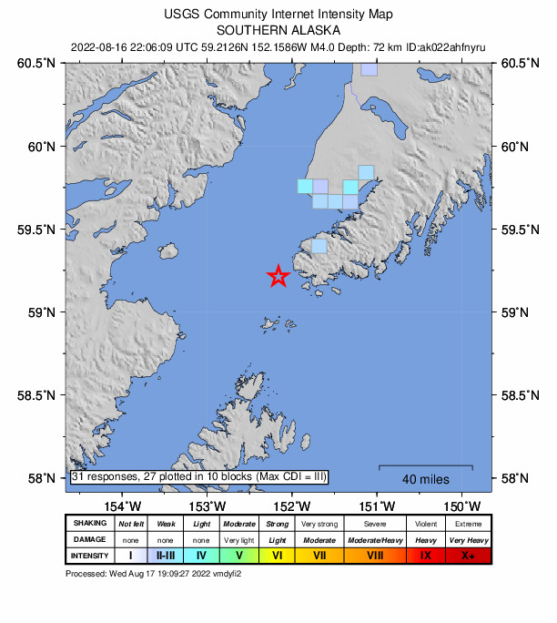 USGS DYFI community-reported intensity map for the M4.2 earthquake near Southern Alaska