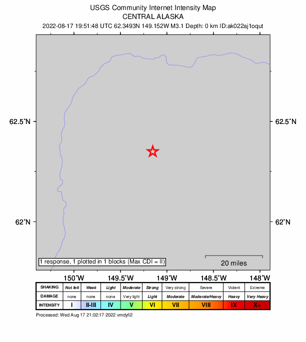 USGS DYFI community-reported intensity map for the M3.1 earthquake near 43 km ENE of Susitna North, Alaska