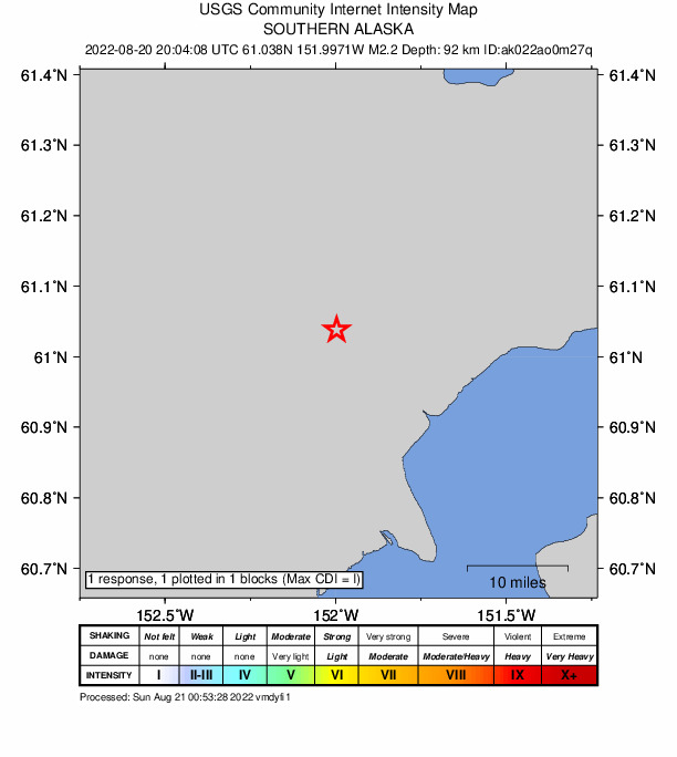 USGS DYFI community-reported intensity map for the M2.4 earthquake near 46 km W of Tyonek, Alaska