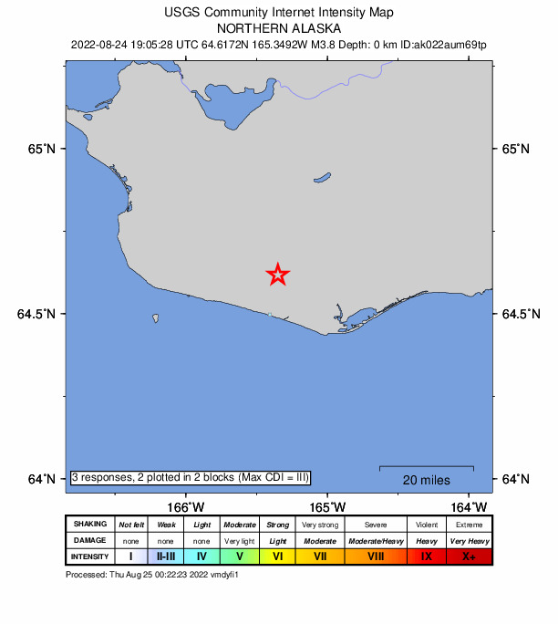 USGS DYFI community-reported intensity map for the M3.5 earthquake near 24 km ENE of Nome, Alaska