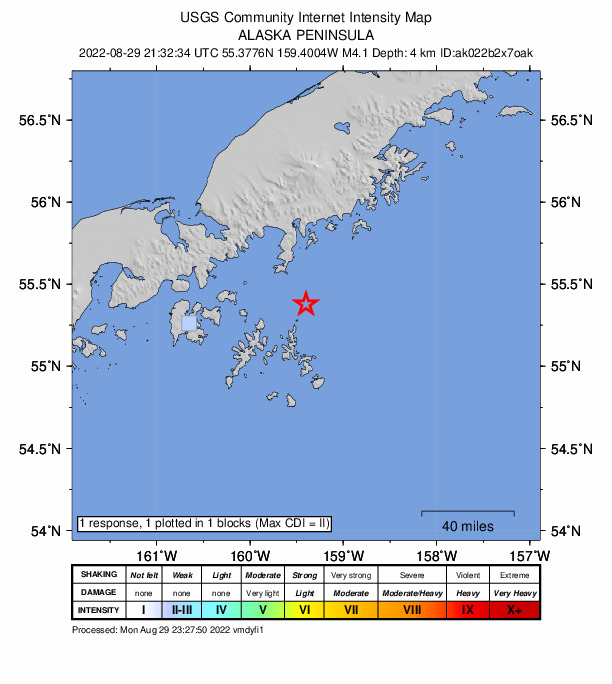 USGS DYFI community-reported intensity map for the M4.4 earthquake near 60 km S of Ivanof Bay, Alaska