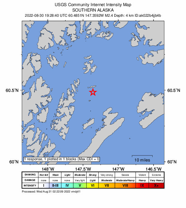 USGS DYFI community-reported intensity map for the M2.4 earthquake near 57 km SW of Tatitlek, Alaska