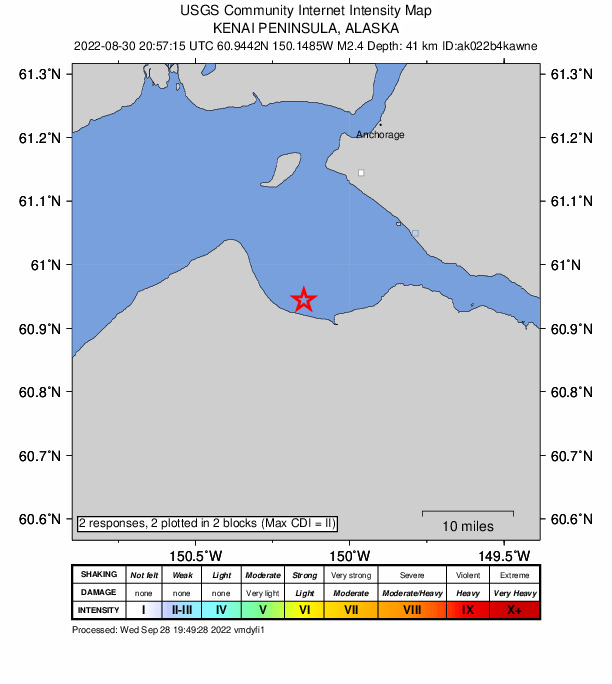 USGS DYFI community-reported intensity map for the M2.5 earthquake near 27 km W of Hope, Alaska