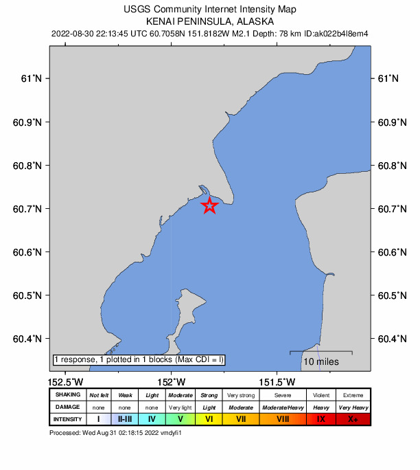 USGS DYFI community-reported intensity map for the M2.2 earthquake near 26 km WNW of Salamatof, Alaska