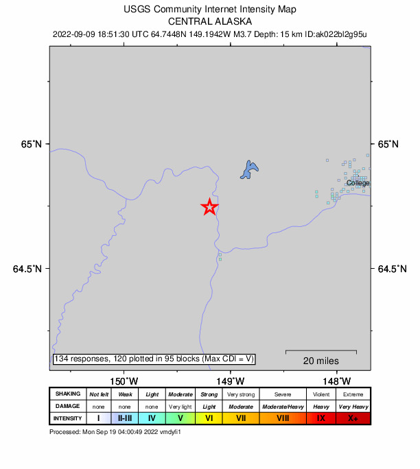 USGS DYFI community-reported intensity map for the M3.5 earthquake near 16 km NNW of Four Mile Road, Alaska