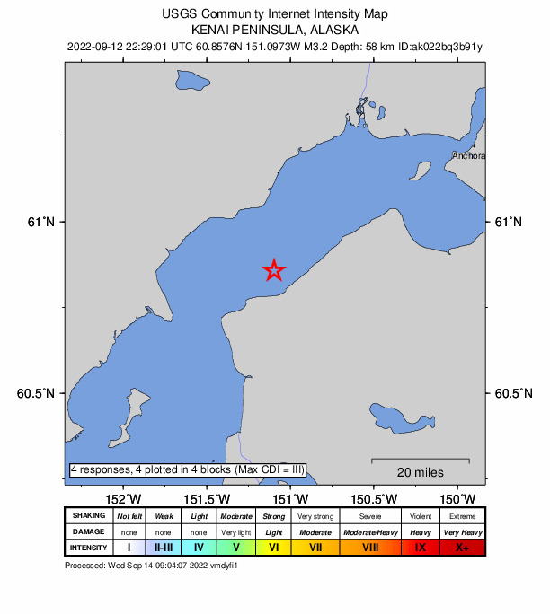 USGS DYFI community-reported intensity map for the M3.2 earthquake near 20 km NNE of Nikiski, Alaska