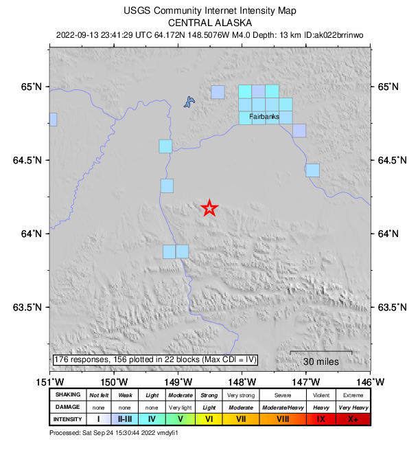USGS DYFI community-reported intensity map for the M3.8 earthquake near 33 km ENE of Ferry, Alaska