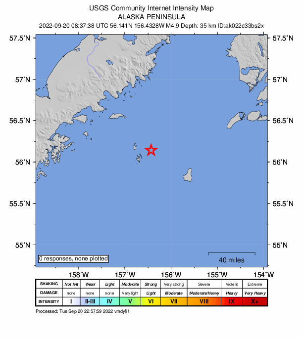 USGS DYFI community-reported intensity map for the M5.1 earthquake near 122 km E of Chignik, Alaska