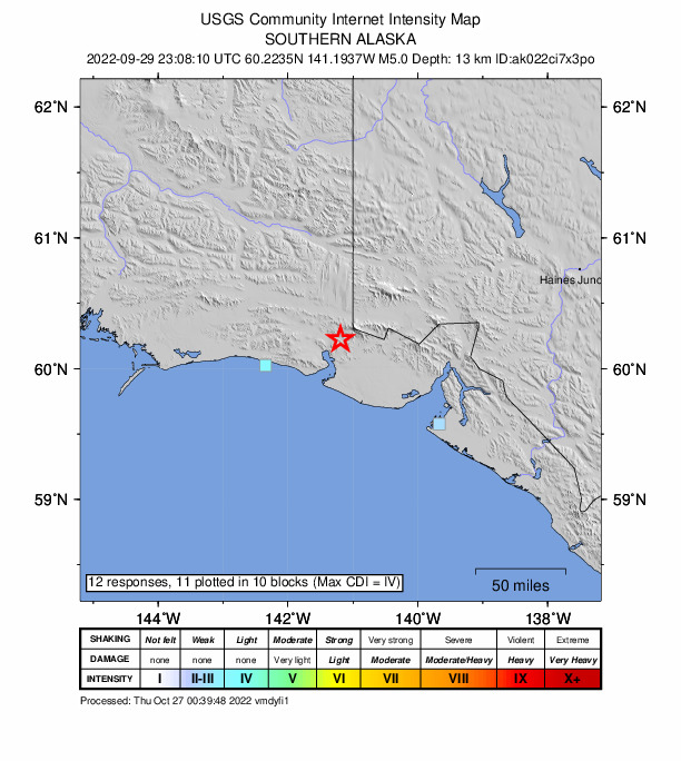 USGS DYFI community-reported intensity map for the M5.0 earthquake near 111 km NW of Yakutat, Alaska