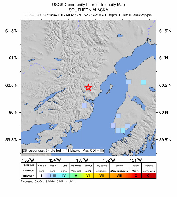 USGS DYFI community-reported intensity map for the M4.1 earthquake near 75 km NW of Ninilchik, Alaska
