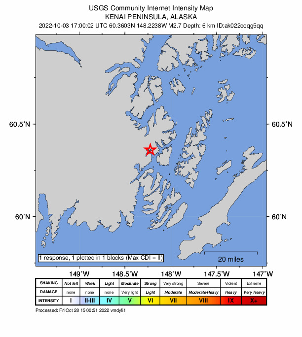USGS DYFI community-reported intensity map for the M2.7 earthquake near 34 km NNW of Chenega, Alaska