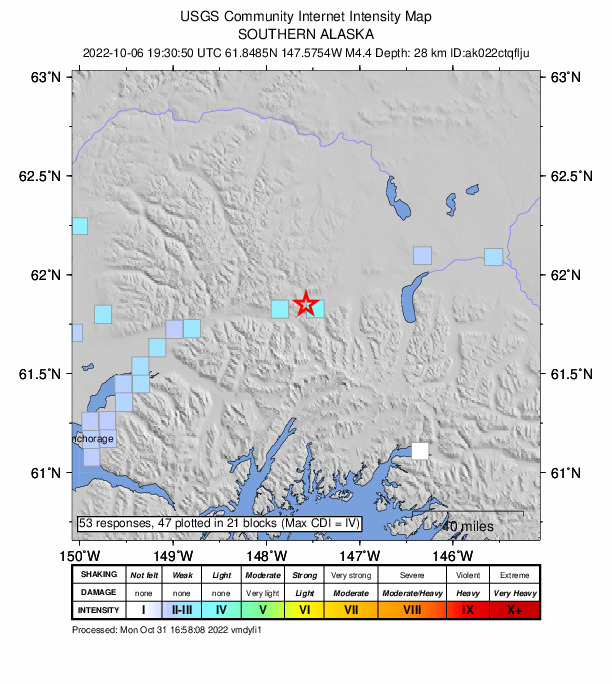 USGS DYFI community-reported intensity map for the M4.1 earthquake near 6 km NE of Glacier View, Alaska