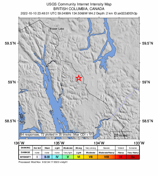 USGS DYFI community-reported intensity map for the M4.2 earthquake near 51 km ESE of Mud Bay, Alaska