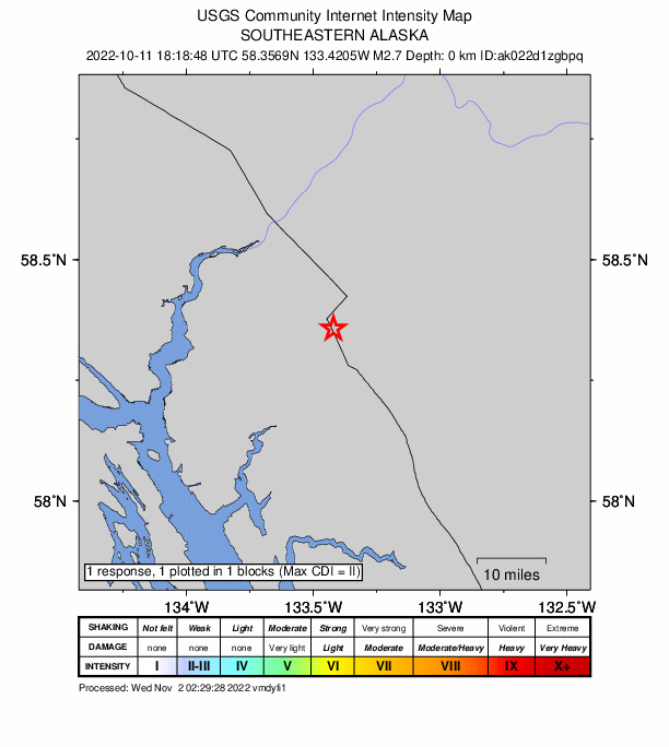 USGS DYFI community-reported intensity map for the M2.7 earthquake near 58 km E of Juneau, Alaska